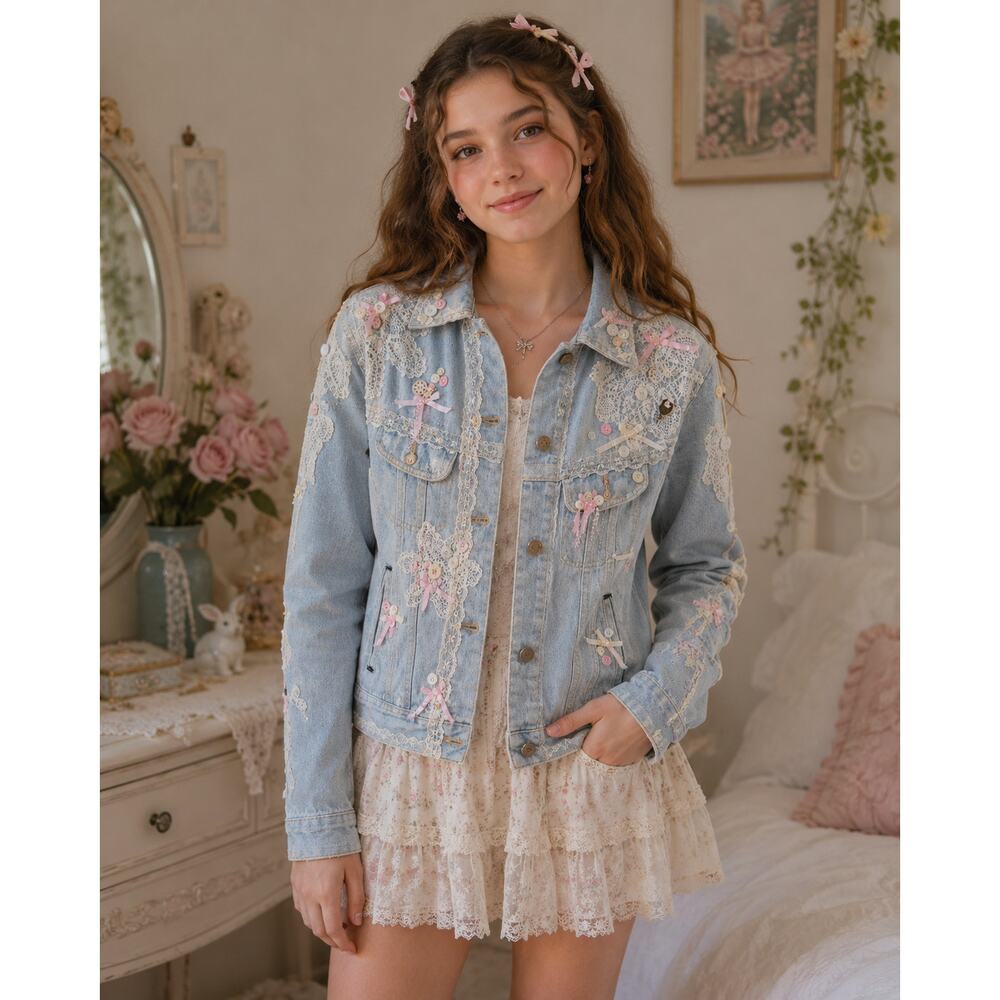 Coquette Fairycore Denim Jacket Size 14  Lace Pink Bows Embellished Button Up